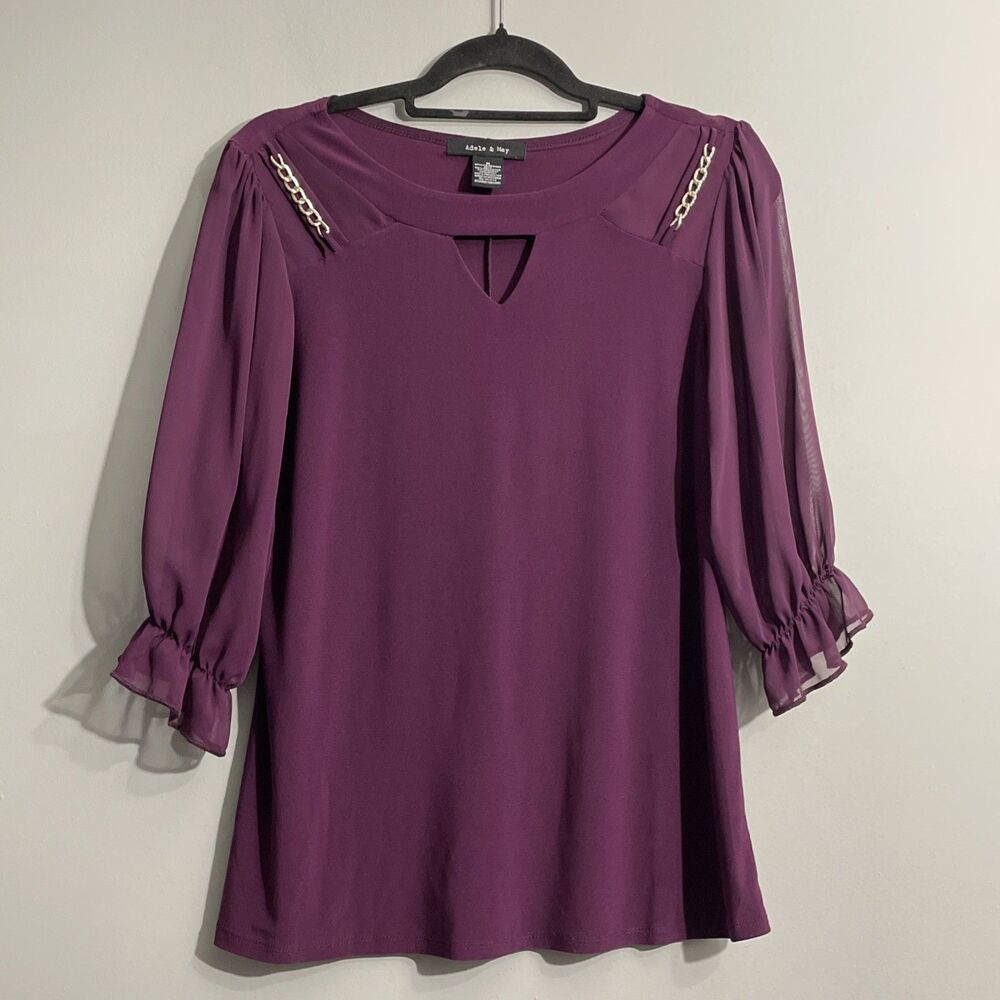 Adele & May  Blouse M Sheer 3/4 Sleeve V-Neck Keyhole Boho Feminine Top